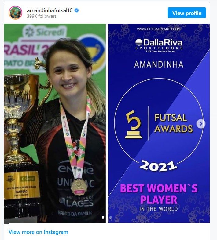 Amandinha é eleita a melhor do mundo no futsal pela 8ª vez; Ferrão leva o  tri entre os homens, futsal