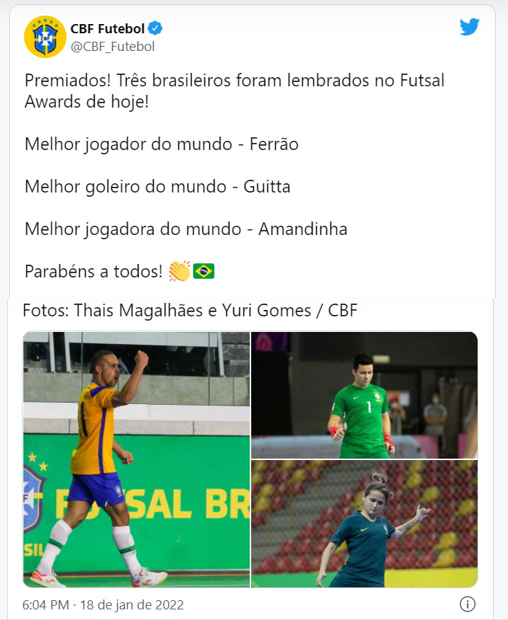Futsal: Amandinha e Ferrão repetem dobradinha como melhores do mundo