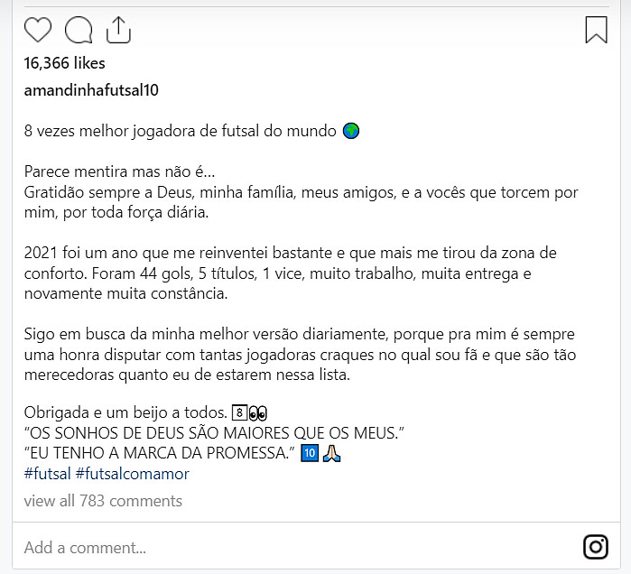 Amandinha é eleita a melhor do mundo no futsal pela 8ª vez; Ferrão leva o  tri entre os homens, futsal